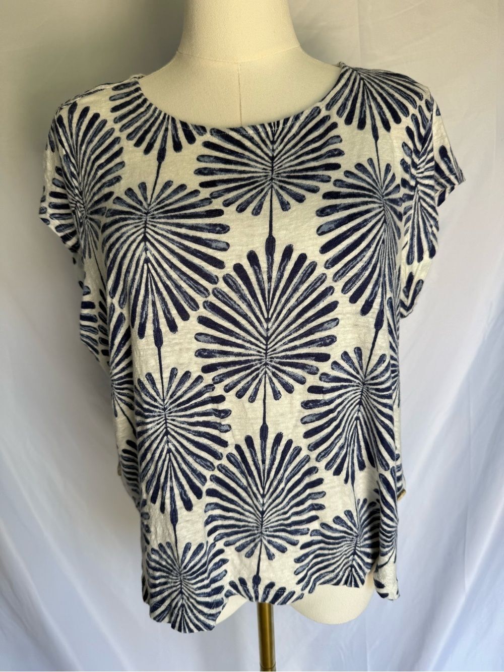 Joie 100% Linen Sunburst Botanical Palm Print Cap Sleeve Top XL Navy/White